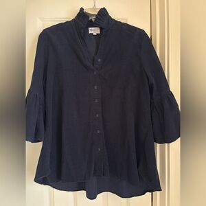 Holly ShaeNavy Blue Corduroy Ruffle Neck 3/4 Sleeve Top